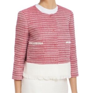 Max Mara Tweed Blazer Jacket Sz 6 Red White Fringe Wool Blend Preppy Old Money